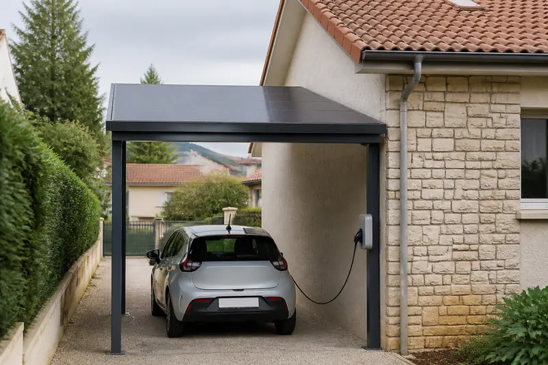 Carport une place couvert de panneaux solaires, voiture électrique branchée sur une borne